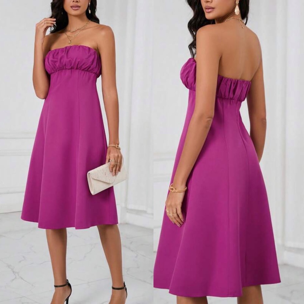 Fuchsia Ruched Bust Tube strapless midi dress